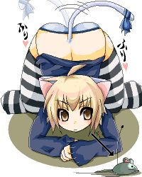 Rule 34 | animal ears, bad id, bad pixiv id, cat ears, cat tail, lowres, metaru maccha, mouse (animal), oekaki, original, panties, solo, striped clothes, striped thighhighs, tail, thighhighs, underwear