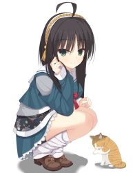 Rule 34 | 1girl, ahoge, bike shorts, bike shorts under skirt, black hair, black shorts, blue jacket, blue skirt, boots, brown footwear, cat, closed mouth, commentary, eyes visible through hair, frilled skirt, frills, full body, green eyes, hair between eyes, hair ornament, hairband, highres, hitachi mako, jacket, kaon zz, looking at viewer, loose socks, miniskirt, parted lips, playing with own hair, pleated skirt, red ribbon, revision, ribbon, sailor collar, school uniform, senren banka, short hair with long locks, shorts, shorts under skirt, simple background, skirt, sleeves past wrists, smile, socks, solo, squatting, tassel, tassel hair ornament, white background, white hairband, white sailor collar, white socks
