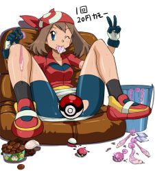 Rule 34 | 1girl, bad id, bad pixiv id, bandana, bike shorts, blue eyes, brown hair, censored, condom, condom in mouth, creatures (company), game freak, gloves, may (pokemon), mouth hold, nintendo, poke ball, pokemon, prostitution, ryuntack, simple background, solo, spread legs, used condom, v