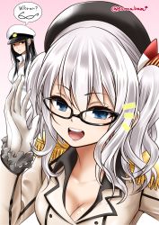 Rule 34 | 10s, 2girls, :d, beret, black-framed eyewear, black hair, blue eyes, breasts, brown eyes, cleavage, english text, engrish text, epaulettes, female admiral (kancolle), glasses, gloves, gradient background, hair between eyes, hat, highres, jacket, kantai collection, kashima (kancolle), kuro abamu, long hair, long sleeves, military, military uniform, multiple girls, naval uniform, open mouth, peaked cap, pink background, ranguage, silver hair, smile, speech bubble, teeth, twitter username, two side up, uniform, white gloves, white jacket