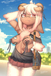 Rule 34 | 1girl, :3, absurdres, ahoge, animal ears, animal nose, arm behind head, arm up, artist name, bad id, bad pixiv id, bag, bandaid, bare shoulders, black-framed eyewear, black ribbon, black shirt, blue sky, blurry, blurry background, body fur, breastless clothes, breasts, breasts apart, brown horns, bush, canon (company), closed mouth, cloud, contrail, converse, cowboy shot, curled horns, dark-skinned female, dark skin, dated, day, dutch angle, female focus, furry, furry female, glasses, glint, gradient hair, hand up, happy, heart, highres, horn ornament, horn ribbon, horns, logo, long hair, looking at viewer, medium breasts, microskirt, miniskirt, multicolored hair, navel, neck fur, nipple ribbon, nipples, no bra, off-shoulder shirt, off shoulder, original, outdoors, pink fur, pink hair, pleated skirt, raised eyebrow, red eyes, red skirt, ribbon, round eyewear, see-through, see-through shirt, sheep ears, sheep girl, sheep horns, shirt, short sleeves, shoulder bag, sidelocks, signature, skirt, sky, smile, solo, standing, star (symbol), sticker, stomach, supreme (brand), swept bangs, tongue, tongue out, two-tone fur, two-tone hair, white fur, white hair, zinfyu