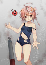 Rule 34 | 1girl, ahoge, blush, grey background, hair ornament, highres, i-58 (kancolle), kantai collection, one-piece swimsuit, open mouth, pink hair, sailor collar, school swimsuit, school uniform, serafuku, short hair, smile, solo, swimsuit, swimsuit under clothes, torn clothes, torn swimsuit, torpedo, yashin (yasinz)