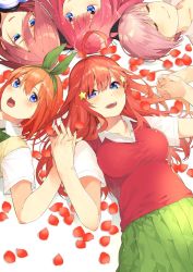 Rule 34 | 5girls, :d, ahoge, black ribbon, blue eyes, blunt bangs, bow, breasts, brown hair, butterfly hair ornament, closed eyes, closed mouth, collared shirt, commentary request, cover, cover page, dress shirt, earrings, eyebrows hidden by hair, go-toubun no hanayome, green bow, green hairband, green ribbon, green skirt, hair between eyes, hair ornament, hair ribbon, hairband, haruba negi, headphones, headphones around neck, highres, holding hands, jewelry, large breasts, long hair, looking at viewer, lying, multiple girls, nakano ichika, nakano itsuki, nakano miku, nakano nino, nakano yotsuba, official art, on back, open mouth, orange hair, parted lips, petals, pink hair, plaid, plaid bow, pleated skirt, quintuplets, red hair, red sweater, ribbon, school uniform, shadow, shirt, short hair, short sleeves, siblings, sidelocks, sisters, skirt, sleeping, smile, star (symbol), star hair ornament, sweater, sweater vest, teeth, two side up, upper teeth only, white shirt, yellow sweater vest