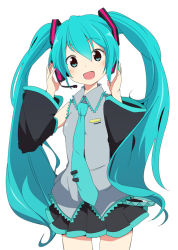 Rule 34 | 1girl, :d, anime coloring, aqua eyes, aqua hair, arms up, detached sleeves, hand on own ear, hatsune miku, headset, ixy, long hair, looking at viewer, necktie, open mouth, simple background, skirt, smile, solo, twintails, very long hair, vocaloid