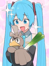 Rule 34 | :d, aqua eyes, aqua hair, aqua necktie, brown eyes, cowboy shot, creatures (company), crossover, detached sleeves, drooling, farfetch&#039;d, game freak, gen 1 pokemon, hatsune miku, highres, holding, holding pokemon, long hair, looking at another, looking down, mouth drool, necktie, nintendo, okepi, open mouth, pink background, pokemon, pokemon (creature), shirt, sleeveless, sleeveless shirt, smile, sparkle, spring onion, twintails, very long hair, vocaloid, wing collar