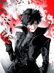 Rule 34 | 1boy, :q, amamiya ren, anyiyang570161, black coat, black hair, blood, blood on face, coat, footprints, gloves, grey eyes, hair between eyes, high collar, highres, holding, holding mask, long sleeves, male focus, mask, open clothes, open coat, persona, persona 5, red gloves, solo, tongue, tongue out, white mask