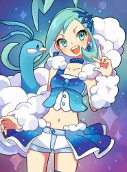Rule 34 | 1girl, altaria, aqua eyes, aqua hair, aqua nails, arm at side, arm warmers, armpits, asymmetrical hair, asymmetrical legwear, bare shoulders, blackspade, blue background, blue bow, blue footwear, blue ribbon, blue skirt, blue tank top, boots, bow, child, clenched hands, collarbone, creatures (company), crop top, diadem, earrings, eyelashes, female focus, fingernails, flat chest, floating, fur collar, fur trim, game freak, gen 3 pokemon, gen 6 pokemon, gradient background, hair ornament, hand up, happy, high heel boots, high heels, idol, jewelry, leg warmers, legs, lisia (pokemon), long hair, looking at viewer, matching hair/eyes, mega stone, midriff, miniskirt, nail polish, navel, neck, nintendo, open mouth, outstretched arms, pokemon, pokemon (creature), pokemon oras, ponytail, ribbon, shirt, short shorts, shorts, shorts under skirt, showgirl skirt, side bangs, simple background, single thighhigh, size difference, skirt, sleeveless, sleeveless shirt, smile, sparkle background, spread arms, standing, striped clothes, striped thighhighs, tank top, thighhighs, thighs, tiara, two-tone shirt, two-tone skirt, v