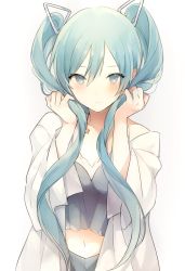 Rule 34 | 1girl, adjusting hair, aqua eyes, aqua hair, breasts, closed mouth, commentary, crop top, eyes visible through hair, hair between eyes, hair ornament, hatsune miku, long hair, looking at viewer, lpip, medium breasts, navel, off shoulder, open clothes, open shirt, shirt, simple background, solo, twintails, vocaloid, white background, white shirt
