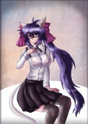 Rule 34 | 1girl, animal ears, artist request, blue hair, bow, bra, breasts, cat ears, cat tail, closed mouth, commission, fang, glasses, hair between eyes, hair bow, highres, large breasts, long hair, noihara himari, omamori himari, pink bra, ponytail, purple eyes, see-through, sitting, skirt, smile, solo, tail, thighhighs, underwear, very long hair