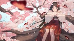 Rule 34 | 1girl, black eyes, black hair, blurry, blurry background, bug, butterfly, cherry blossoms, commentary, crossed arms, day, depth of field, feet out of frame, fingernails, flower, hair flower, hair ornament, hair ribbon, hakama, hakama short skirt, hakama skirt, highres, houraisan chouko, in tree, insect, japanese clothes, leaning on object, light smile, long hair, looking to the side, miko, nail polish, original, outdoors, petals, red nails, ribbon, ribbon-trimmed sleeves, ribbon trim, sitting, skirt, smile, solo, tree, very long hair, wide sleeves