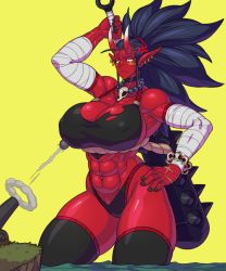 Rule 34 | 1girl, abs, absurdres, anger vein, bandaged arm, bandages, bare shoulders, black bra, black choker, black hair, black legwear, black nails, bra, breasts, cameltoe, cannon, cannonball, choker, collar, collarbone, colored skin, earrings, facial mark, fang, giant, giantess, hand on own hip, highleg, highleg panties, highres, holding, holding weapon, horns, huge breasts, hutago, jewelry, long hair, midriff, monster girl, muscular, muscular female, nail polish, oni, oni horns, outdoors, panties, pointy ears, red skin, scar, shiny skin, skindentation, skull, smoke, spikes, standing, thick thighs, thighs, underwear, water, weapon, yellow eyes