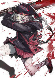 Rule 34 | 1girl, animal ear legwear, arknights, arms up, arrow (symbol), bag, black footwear, black hat, black jacket, blood, chainsaw, chuhaibane, commentary request, covered mouth, eyepatch, grey hair, hair ornament, hair over one eye, hat, highres, holding, holding weapon, hood, hood down, hooded jacket, jacket, looking at viewer, pleated skirt, popukar (arknights), rabbit hair ornament, red eyes, red skirt, shoes, shoulder bag, simple background, skirt, solo, thighhighs, two-handed, weapon, white background, white thighhighs, x hair ornament