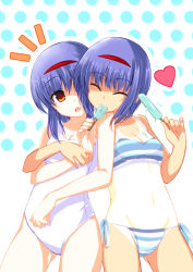 Rule 34 | 2girls, :o, ^^^, arm around back, bikini, blue bikini, blue hair, breasts, brown eyes, casual one-piece swimsuit, cleavage, closed eyes, cowboy shot, dual persona, eating, eyebrows, food, food on body, groin, hairband, head tilt, heart, hirama hirokazu, holding, holding another&#039;s wrist, legs apart, little busters!, looking at viewer, multiple girls, na mizuumi, navel, nishizono midori, nishizono mio, one-piece swimsuit, one-piece tan, open mouth, polka dot, polka dot background, popsicle, short hair, siblings, side-tie bikini bottom, sisters, small breasts, spoken heart, strap gap, striped bikini, striped clothes, surprised, swimsuit, tan, tanline, twins, white one-piece swimsuit