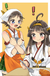 Rule 34 | !, 10s, 2girls, :t, bandana, bare shoulders, blue eyes, blush, brown eyes, brown hair, commentary request, curry, detached sleeves, eating, food, headgear, hiei (kancolle), kantai collection, kongou (kancolle), long hair, multiple girls, nontraditional miko, ochazuke, open mouth, rice, short hair, skirt, spoon, tray