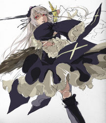 Rule 34 | 00s, 8981, bad id, bad pixiv id, doll joints, dress, frills, hairband, joints, kneehighs, red eyes, rozen maiden, silver hair, socks, solo, suigintou, sword, weapon, wings