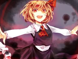 Rule 34 | 1girl, :d, blonde hair, darkness, frilled skirt, frills, hair ribbon, kutsuki kai, open mouth, outstretched arms, red eyes, ribbon, rumia, shaded face, shirt, short hair, skirt, smile, spread arms, touhou, vest