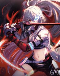 Rule 34 | 1girl, artist name, asymmetrical clothes, asymmetrical pants, breasts, crop top, gao kawa, gloves, glowing, glowing eye, holding, holding sword, holding weapon, long hair, lucia: crimson weave (punishing: gray raven), medium breasts, navel, ponytail, punishing: gray raven, red eyes, sword, thigh strap, very long hair, weapon, white gloves, white hair