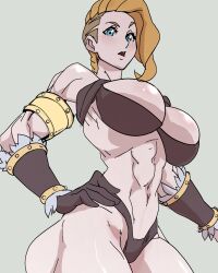 Rule 34 | 1girl, abs, armlet, barbarian, blue eyes, breasts, cleavage, gloves, hand on own hip, highres, hilde (nisego), large breasts, looking at viewer, muscular, muscular female, nisego, open mouth, solo