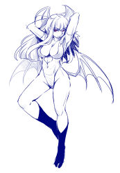 Rule 34 | 1girl, arms up, breasts, head wings, kubocha, large breasts, long hair, looking at viewer, monochrome, morrigan aensland, pantyhose, red eyes, simple background, solo, spot color, vampire (game), white background, wings