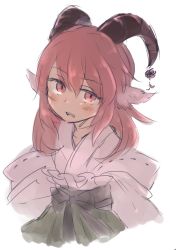 Rule 34 | 1girl, :d, animal ears, bad id, bad twitter id, blush, goat ears, goat horns, green hakama, hair between eyes, hakama, hakama skirt, highres, horn ornament, horns, japanese clothes, looking at viewer, medium hair, miko, open mouth, original, red eyes, red hair, simple background, skirt, smile, solo, tsukiori, upper body, white background