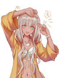 Rule 34 | 1girl, :d, arm up, bead bracelet, bead necklace, beads, bikini, bracelet, breasts, cleavage, danganronpa (series), danganronpa v3: killing harmony, dark-skinned female, dark skin, floral print, green eyes, hand up, highres, jacket, jewelry, navel, necklace, open clothes, open jacket, open mouth, orange jacket, shell, shell necklace, simple background, sixii, small breasts, smile, solo, swimsuit, teeth, upper teeth only, white background, white bikini, yonaga angie