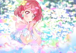 Rule 34 | 1girl, bare shoulders, blurry, blush, closed mouth, commentary request, depth of field, dress, earrings, flower, frilled dress, frills, hair flower, hair ornament, hanadera nodoka, head tilt, healin&#039; good precure, highres, jewelry, kyoutsuugengo, lights, looking at viewer, multicolored background, off-shoulder dress, off shoulder, own hands together, petals, precure, red eyes, red hair, short hair, smile, solo, swept bangs, white dress, wind, yellow flower