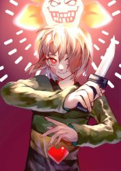 Rule 34 | androgynous, blush, brown hair, chara (undertale), evil grin, evil smile, flowey (undertale), gender request, glowing, gradient background, green sweater, grin, hair over one eye, hands up, heart, holding, holding knife, knife, light, long sleeves, looking at viewer, pink background, red eyes, short hair, smile, striped clothes, striped sweater, sweater, tuteurfars shin, undertale, upper body