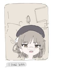 Rule 34 | 1girl, absurdres, bandaid, bandaid on face, bandaid on nose, bed, beret, black hat, brown eyes, chat log, english text, fangs, hair rings, hat, hatoba tsugu, highres, hospital, hospital bed, i lived bitch (meme), looking at viewer, lyrinne, meme, open mouth, simple background, solo, speech bubble, tsugu (vtuber), virtual youtuber, white background