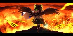 Rule 34 | 1girl, arm cannon, asymmetrical footwear, bad id, bad twitter id, bird wings, black hair, black socks, black wings, blouse, bow, cape, caution tape, dise (psychoro), fire, frilled skirt, frills, from behind, green bow, green skirt, hair bow, highres, kneehighs, landscape, letterboxed, long hair, mismatched footwear, outdoors, puffy short sleeves, puffy sleeves, reiuji utsuho, shirt, short sleeves, skirt, socks, touhou, weapon, white cape, white shirt, wings