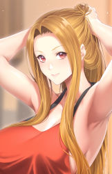 Rule 34 | 1girl, apron, armpits, arms up, blonde hair, blurry, blurry background, breasts, brown eyes, commentary request, large breasts, long hair, looking at viewer, naked apron, original, pink lips, red apron, sideboob, sidelocks, smile, tying hair, zucchini