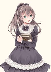 Rule 34 | 1girl, alternate costume, black dress, blue eyes, blush, book, brown hair, dress, hair between eyes, highres, holding, holding book, juliet sleeves, kantai collection, kukimaru, kumano (kancolle), long hair, long sleeves, open mouth, ponytail, puffy sleeves, simple background, smile, solo, yellow background