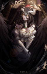 Rule 34 | 1girl, ainz ooal gown, albedo (overlord), artist name, black feathers, black hair, black wings, breasts, cleavage, cloak, commentary, demon girl, demon horns, demon wings, detached collar, dress, english commentary, feathers, gloves, hair between eyes, highres, horns, jewelry, large breasts, long hair, looking at viewer, low wings, overlord (maruyama), red lips, ring, robe, skeleton, steve zheng, white dress, white gloves, wings, yellow eyes