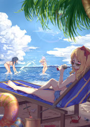 Rule 34 | 3girls, :d, absurdres, adjusting eyewear, adjusting glasses, barefoot, beach, beach chair, bent over, bikini, blonde hair, blue bikini, blue hair, blush, boat, bow, breasts, bucket, commentary request, crab, cup, curly hair, day, disposable cup, drinking, drinking straw, eromanga sensei, from behind, hair bow, hair ribbon, highres, innertube, izumi sagiri, j.xh, large breasts, lens flare, light purple hair, long hair, looking at another, looking over eyewear, looking over glasses, multiple girls, open mouth, outdoors, pink bikini, pink eyes, ponytail, profile, red bow, red ribbon, ribbon, sand, seashell, shell, sitting, smile, sparkle, splashing, standing, striped bikini, striped clothes, sunglasses, swim ring, swimsuit, takasago tomoe, tinted eyewear, tree, water, watercraft, waves, yamada elf