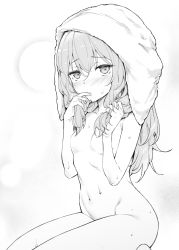 Rule 34 | 1girl, blush, breasts, commentary request, completely nude, greyscale, hair between eyes, highres, holding, holding hair, inui sajuna, long hair, looking at viewer, monochrome, mushi024, navel, nose blush, nude, simple background, small breasts, solo, sono bisque doll wa koi wo suru, towel, towel on head, upper body, wet