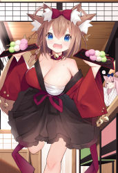 Rule 34 | 2girls, ^^^, afterimage, animal ear fluff, animal ears, bell, black skirt, blush, bow, braid, breasts, brown hair, cisyo, cleavage, collar, commentary request, dango, ear wiggle, eighth note, fang, food, hair bow, holding, holding tray, japanese clothes, jingle bell, kimono, large breasts, long hair, long sleeves, looking at viewer, multiple girls, musical note, neck bell, open mouth, original, pink hair, plate, red bow, red collar, red kimono, sanshoku dango, sarashi, skirt, solo focus, speed lines, spoken musical note, standing, standing on one leg, sweat, tray, wagashi, wardrobe malfunction, wide sleeves
