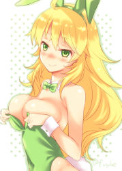 Rule 34 | 1girl, animal ears, bare arms, bare shoulders, blonde hair, blush, bow, bowtie, breasts, cleavage, closed mouth, covered navel, detached collar, fake animal ears, fuyube rion, green bow, green eyes, green leotard, highleg, highleg leotard, hoshii miki, idolmaster, idolmaster (classic), leotard, long hair, looking at viewer, medium breasts, nose blush, playboy bunny, polka dot, polka dot background, rabbit ears, rabbit tail, smile, solo, tail, upper body, very long hair