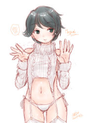 Rule 34 | 1girl, alternate costume, black eyes, black hair, cable knit, character name, cowboy shot, detached sleeves, garter straps, heart, kantai collection, koshigaya tatsumi, meme attire, mogami (kancolle), one-hour drawing challenge, panties, ribbed sleeves, ribbed sweater, short hair, side-tie panties, simple background, sleeveless, sleeveless sweater, sleeveless turtleneck, solo, spoken heart, sweater, thighhighs, turtleneck, turtleneck sweater, underwear, virgin destroyer sweater, white background, white garter straps, white panties, white sweater, white thighhighs