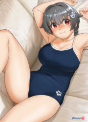 Rule 34 | 1girl, alternate costume, arena (company), black hair, blue one-piece swimsuit, blush, breasts, cleavage, collarbone, couch, from above, hair between eyes, hair flaps, hair intakes, hair ornament, hairclip, highres, jingei (kancolle), kantai collection, large breasts, long hair, looking at viewer, looking up, low ponytail, lying, mu-pyon, new school swimsuit, one-piece swimsuit, red eyes, school swimsuit, smile, solo, swimsuit, thighs, twitter username, whale hair ornament