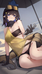 Rule 34 | 1girl, absurdres, arknights, bandeau, bare shoulders, beach, black gloves, black hair, black panties, blue eyes, blunt bangs, breasts, bright pupils, chichi guai, covered navel, crocodilian tail, eunectes (arknights), flower, frown, gloves, goggles, goggles on head, hair flower, hair ornament, highres, holding, holding wrench, looking at viewer, medium breasts, medium hair, navel, no nose, on ground, panties, pointy ears, sitting, snake tail, solo, strapless, tail, tube top, underwear, water, white pupils, wrench, yellow flower
