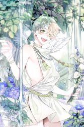 Rule 34 | 1boy, angel, angel wings, artist request, bad source, blonde hair, facing to the side, floral background, flower, green eyes, looking at viewer, male focus, mole, mole under eye, official art, open mouth, saibai shounen, second-party source, seyri (saibai shounen), short hair, smile, teeth, wings