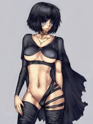 Rule 34 | 1girl, bandages, black hair, breasts, cape, covered erect nipples, demon&#039;s souls, from software, fumio (rsqkr), grey background, jewelry, large breasts, maiden in black, navel, necklace, no bra, no panties, short hair, simple background, solo, thighhighs, torn clothes, underboob