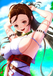 Rule 34 | 1girl, absurdres, armpits, arms behind head, arms up, bare shoulders, blue sky, body markings, breasts, brown eyes, brown hair, day, dress, facial mark, fate/grand order, fate (series), forehead, forehead mark, fujifuji924, highres, himiko (fate), large breasts, long hair, looking at viewer, magatama, magatama necklace, necklace, no bra, sash, sideboob, sky, topknot, twintails, white dress