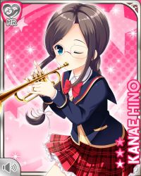 Rule 34 | 1girl, blouse, blue eyes, blue jacket, bow, braid, braided ponytail, brown hair, card (medium), character name, closed eye, girlfriend (kari), glasses, hino kanae, instrument, jacket, music, official art, open mouth, pink background, plaid, plaid skirt, playing, qp:flapper, red bow, red skirt, school uniform, shirt, skirt, smile, sweater vest, tagme, trumpet, white shirt