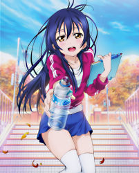 Rule 34 | 10s, 1girl, absurdres, artist request, blue hair, blush, brown eyes, drink, female focus, happy, highres, jacket, long hair, love live!, love live! school idol festival, love live! school idol project, official art, shorts, sky, sonoda umi, thighhighs, tree
