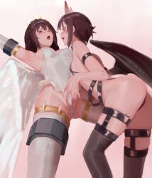 Rule 34 | 2girls, absurdres, angel, angel and devil, angel wings, arm strap, arm up, armpits, aroused, ass, bare shoulders, bdsm, black hair, black thighhighs, black wings, blush, bondage, bound, braid, breasts, commentary request, crown braid, demon, demon horns, demon wings, drooling, elbow gloves, eyelashes, fang, femdom, fingering, fingering through clothes, gloves, gluteal fold, gradient background, groin, hair between eyes, heart o-ring, highres, horns, kono subarashii sekai ni shukufuku wo!, large breasts, legs, leotard, long hair, megumin, mouth drool, multiple girls, naughty face, no headwear, nose, o-ring strap, one eye closed, open mouth, partially visible vulva, pink background, profile, red eyes, short hair, sideboob, sidelocks, simple background, skindentation, small breasts, spread legs, thigh strap, thighhighs, through clothes, tiara, tongue, tongue out, toxic (toxicv), white background, white gloves, white leotard, white thighhighs, white wings, wings, yunyun (konosuba), yuri