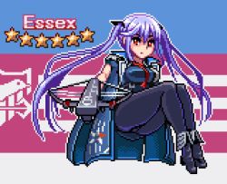 Rule 34 | 1girl, aiming, aiming at viewer, azur lane, black footwear, black pantyhose, black ribbon, blue cloak, blue dress, blue hair, bow (weapon), breasts, character name, cloak, collared cloak, commentary request, crossbow, dress, emblem, essex (azur lane), floating, floating hair, hair ribbon, holding, holding crossbow, holding weapon, long hair, lowres, medium breasts, necktie, ookura okura, outstretched arm, panties, panties under pantyhose, pantyhose, pantyshot, pixel art, pointing weapon, red eyes, red necktie, ribbon, sitting, sleeveless, solo, star (symbol), star print, twintails, underbust, underwear, weapon
