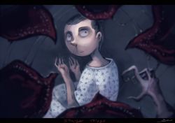 Rule 34 | 1girl, black hair, blood, demogorgon, drooling, eleven (stranger things), from behind, hospital gown, koto inari, monster, nosebleed, pov, sharp claws, sharp teeth, short hair, stranger things, teeth, very short hair, you gonna get eaten