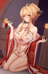 Rule 34 | 1girl, 2021, absurdres, artist name, azur lane, bare shoulders, blonde hair, blush, body writing, breasts, chinese clothes, choker, cleavage, cleavage cutout, clothing cutout, dress, full body, glorious (azur lane), glorious (pungent plum) (azur lane), hair ornament, hair stick, highres, holding, kanzashi, large breasts, looking at viewer, manjuu (azur lane), neck ribbon, neckwear request, night, night sky, nipples, official alternate costume, open clothes, open dress, purple eyes, red choker, red dress, ribbon, see-through, sitting, sky, solo, star (sky), starry sky, unique (pixiv12704744), wariza, wide sleeves