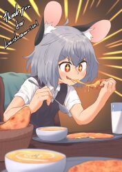 Rule 34 | + +, 1girl, absurdres, animal ear fluff, animal ears, blush, brown background, cheese, cheese trail, collared shirt, commentary, commission, cup, eating, emphasis lines, english commentary, flat chest, food, greenpiecerice, grey hair, grey vest, hair between eyes, highres, holding, holding spoon, medium bangs, milk, mouse ears, mouse girl, naan bread, nazrin, open mouth, red eyes, second-party source, shirt, short hair, short sleeves, smile, solo, soup, spoon, touhou, upper body, v-shaped eyebrows, vest, white shirt