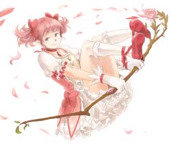 Rule 34 | 10s, bow, branch, choker, crystal, flower, frills, gloves, hair bow, kaname madoka, ma-hain-scarlet, mahou shoujo madoka magica, mahou shoujo madoka magica (anime), petals, petticoat, pink eyes, pink hair, puffy sleeves, short hair, smile, solo, soul gem, twintails